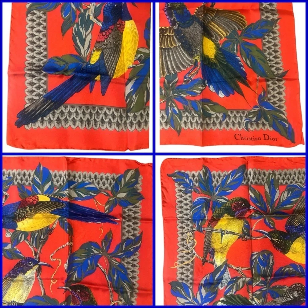 Christian Dior Stunning Vintage 100% Silk Scarf Birds & Foliage Print Red Blue